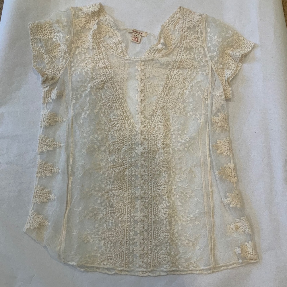 Sundance Cream Embroidered Lace Short Sleeve Blouse